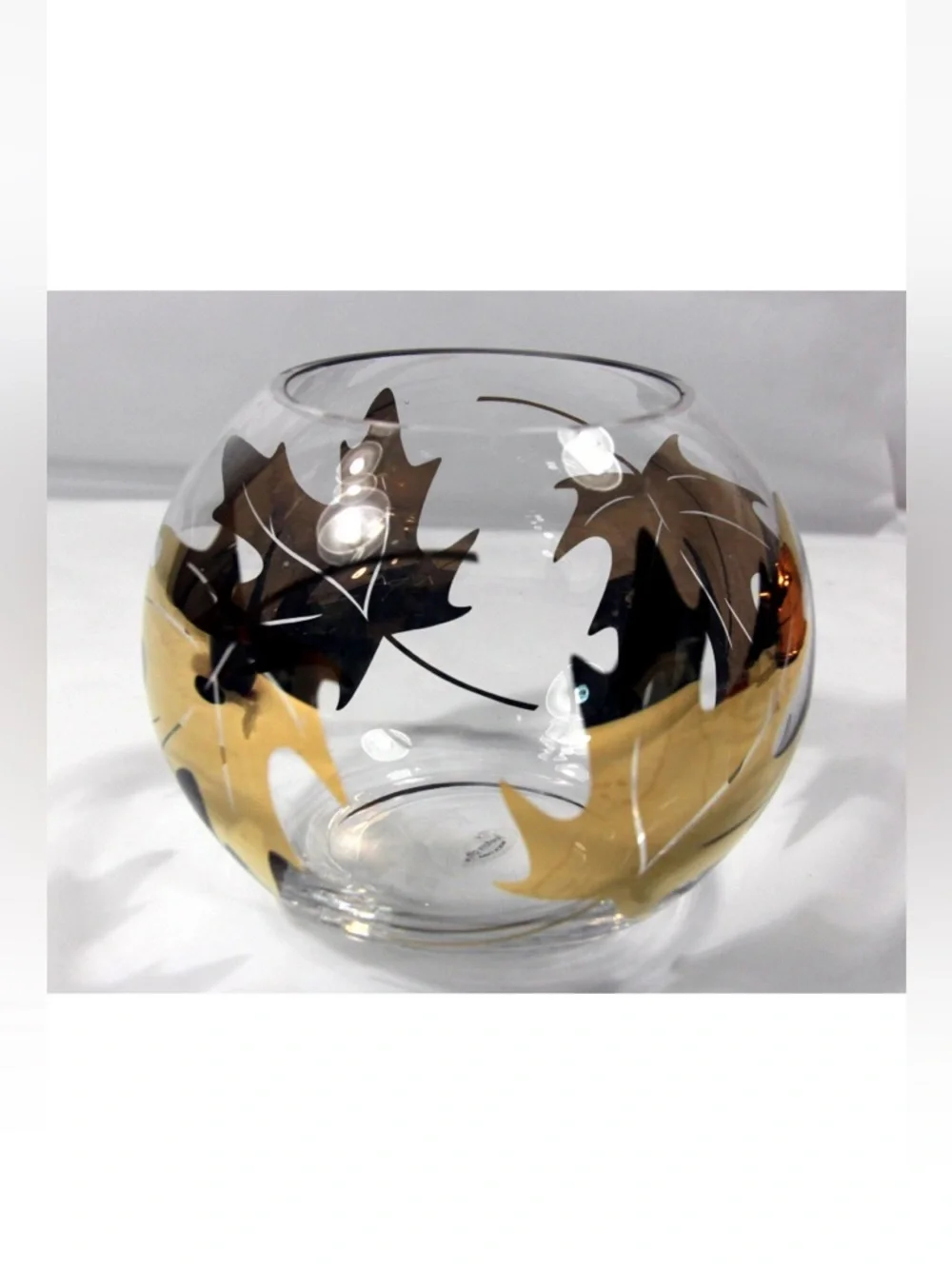 🔍 Teleflora Hand-Painted Gold Maple Leaf Glass Fishbowl Vase